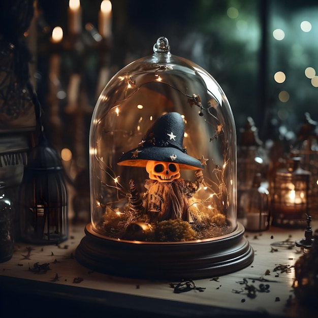 Halloween skeleton witch in glass dome on table