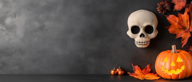 halloween skull jackolantern and autumn leaves on dark background for spooky holiday design