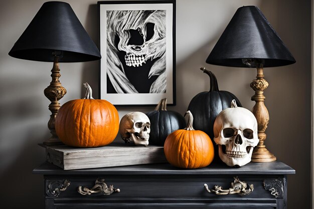 Halloween Skull And Pumpkin Decoration With Gothic Lamps