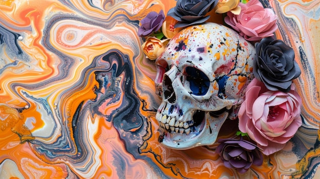 Photo halloween skull with flowers on vibrant abstract background