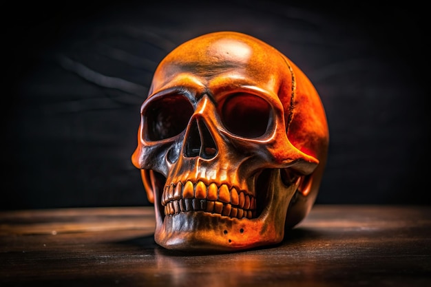 Halloween skull with orange and black colors shot from a low angle death October 31st scary skull symbol holiday tradition closeup decoration themed autumn orange festive