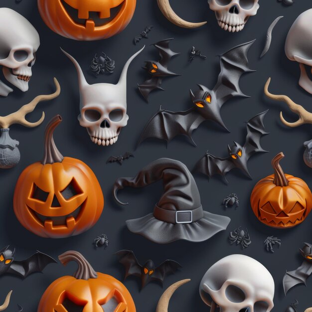 Photo halloween skulls pumpkins and witch hats pattern