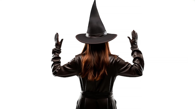 Halloween sorceress backwards with hand raised white background Generative AI