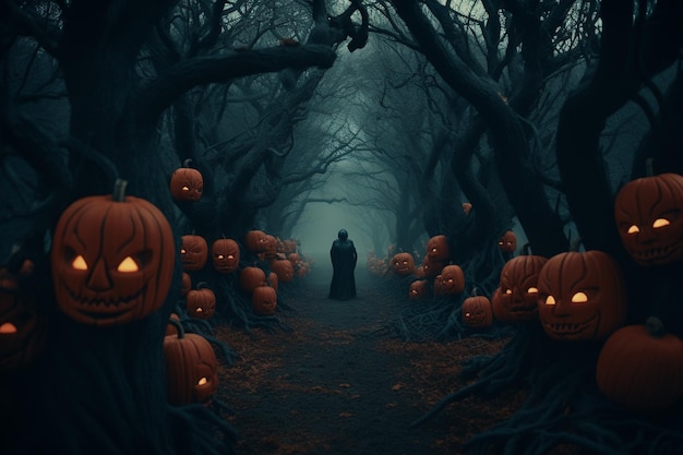 Halloween The souls of the dead returned to their homes Pumpkins witches skeletons sorceresses spirits of the dead dark night candies scary candles