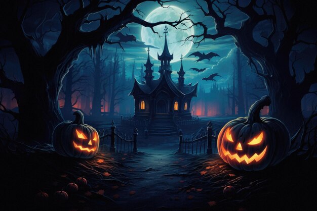 Halloween spooky background scary jack o lantern pumpkins creepy forest castle