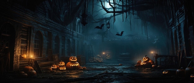 Halloween spooky background scary pumpkins in creepy horror ghost house room