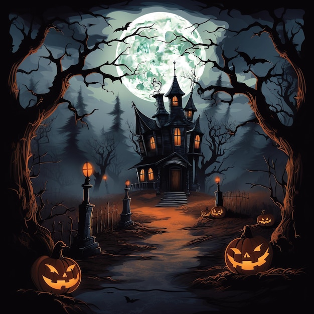 Halloween Spooky Haunted House with GlowintheDark Effects and Eerie Elements