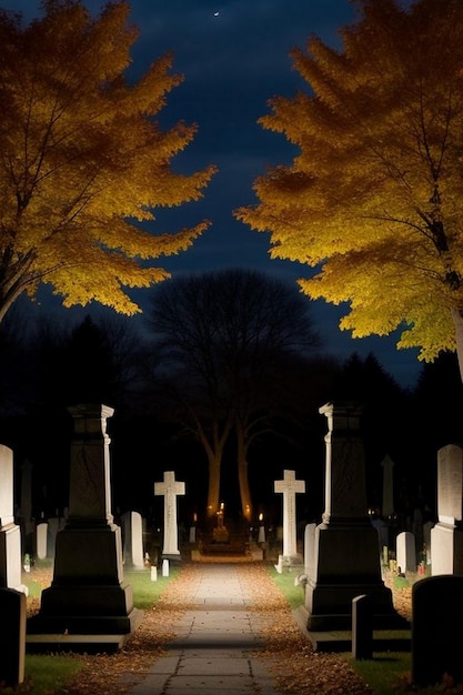 Photo halloween spooky night graveyard scene with bats and moon background