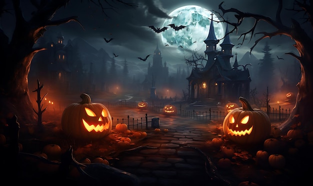 Halloween Spooky Nighttime Scene Horizontal Pumpkins In Graveyard In The Spooky generative AI tool