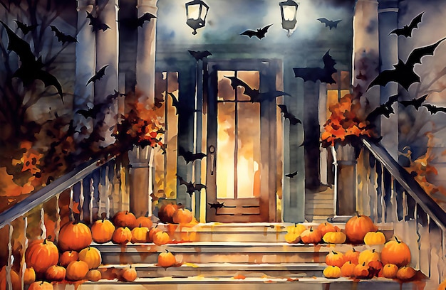 Halloween Spooky Nighttime Scene with pumpkins spider zombies Post processed AI generated image