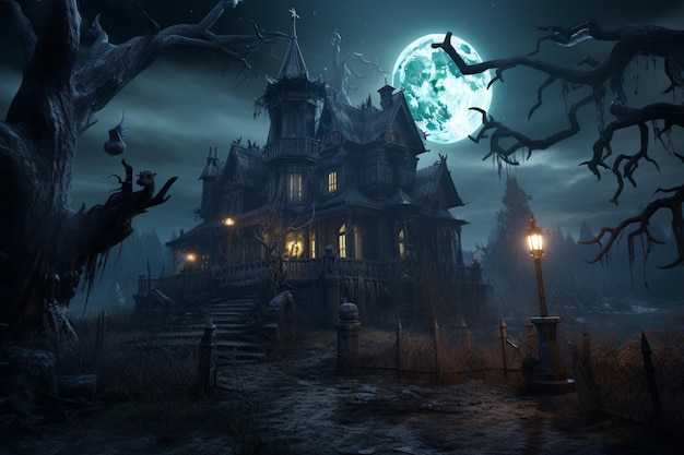 Halloween spooky pumpkin scary background with haunted house and full moon