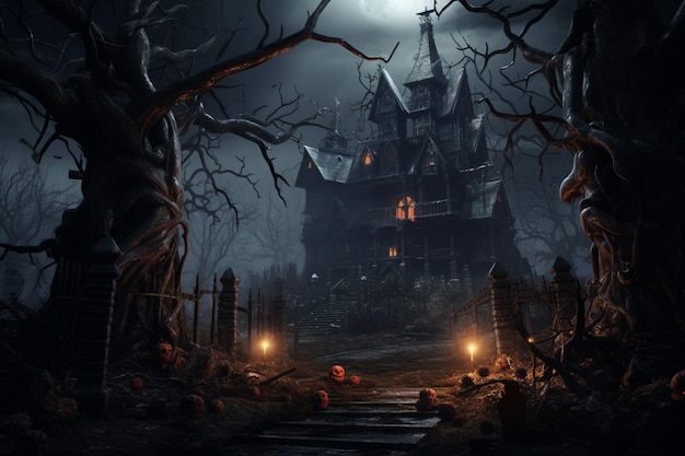 Halloween spooky pumpkin scary background with haunted house and full moon