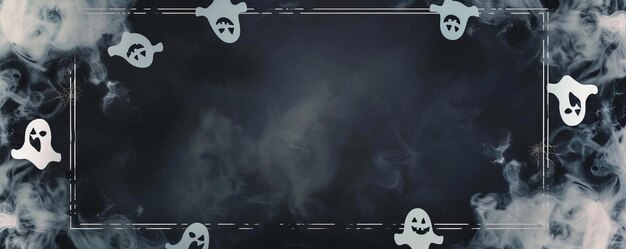 Halloween Spooky Template A rectangular black frame with white ghost patterns at each corner The background is a foggy graveyard No text or other elements in front of it