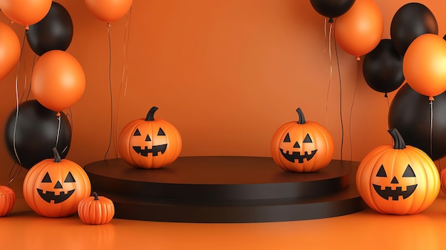 Photo halloween stage decoration for product promotion balloons bats and pumpkins