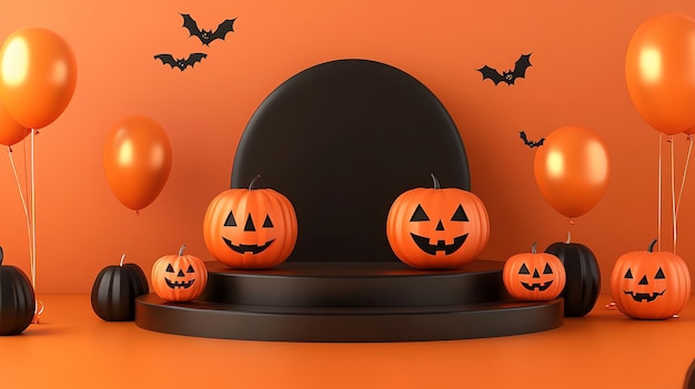 Photo halloween stage decoration for product promotion balloons bats and pumpkins