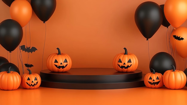 Photo halloween stage decoration for product promotion balloons bats and pumpkins