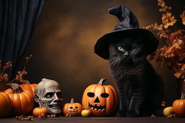 Halloween still life with black cat pumpkins and skull on dark background