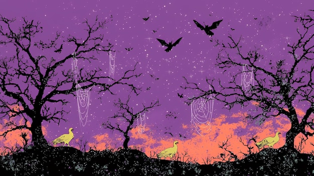 Photo halloween sunset with birds and silhouettes of trees