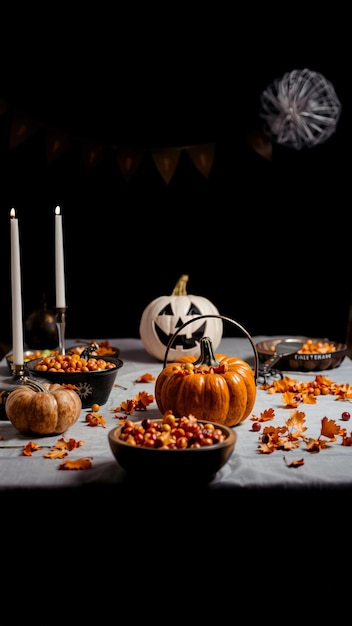 Photo halloween table setting with pumpkins and candles