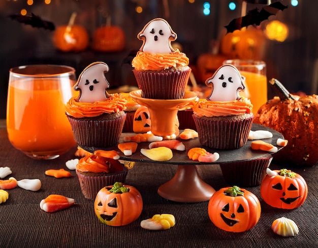 Halloween table with witch hat cupcakes ghost cookies and orange cups in a warm atmosphere