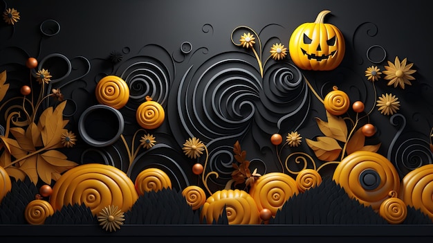 Halloween template background black orange color with pumkins in 3d