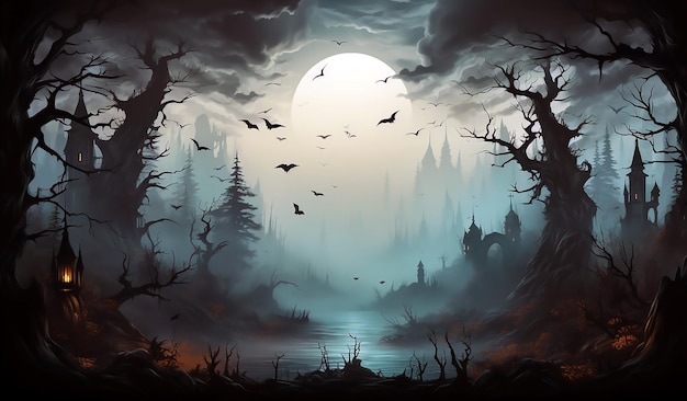 Halloween template in the woods with black bats and fog