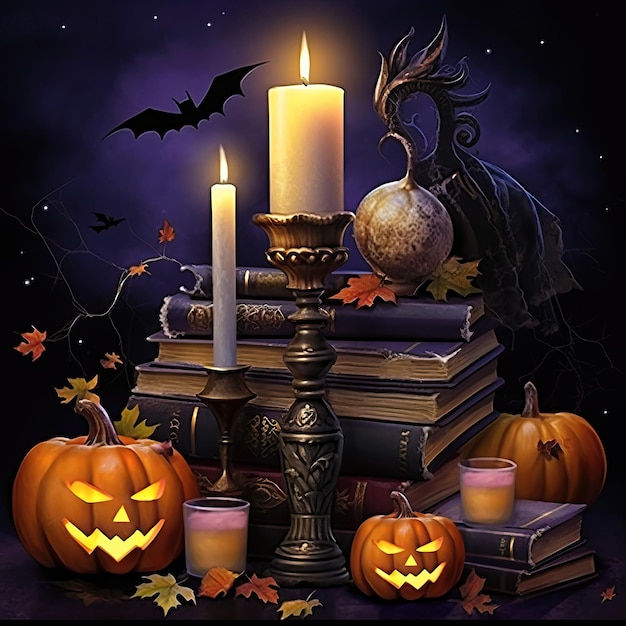 Halloween theme bat moon pumpkin and candle high quality ai generated image