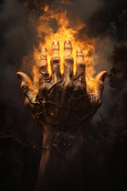 Halloween theme human hand in flames on a dark background