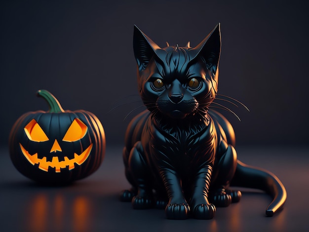 Halloween theme sitting pumpkin bat colorful retro style with 3d black cat