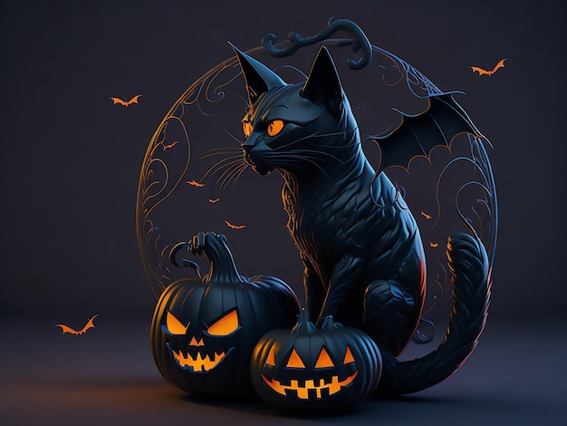 Halloween theme sitting pumpkin bat colorful retro style with 3d black cat