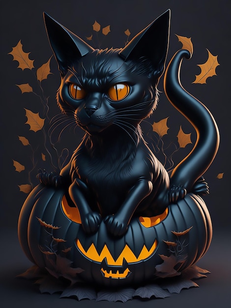 Halloween theme sitting pumpkin bat colorful retro style with 3d black cat