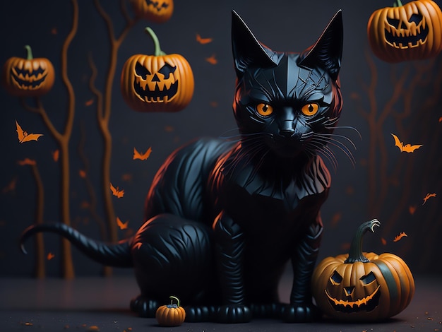 Halloween theme sitting pumpkin bat colorful retro style with 3d black cat