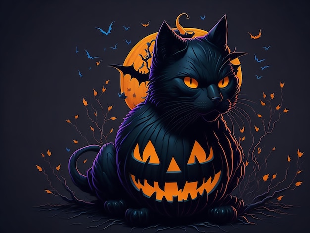 Halloween theme sitting pumpkin bat colorful retro style with 3d black cat