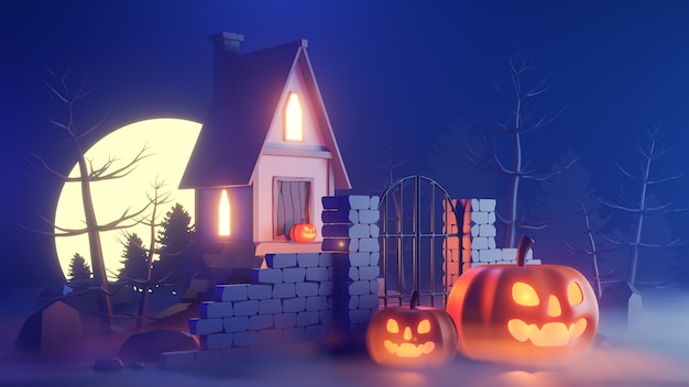 Halloween theme with pumpkins and a house at night.