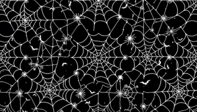 Photo halloween themed black and silver spider web seamless pattern isolated with white highlights