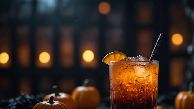 Halloween themed cocktail drink surrounded by spooky decorations