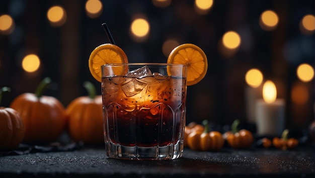 Halloween themed cocktail drink surrounded by spooky decorations