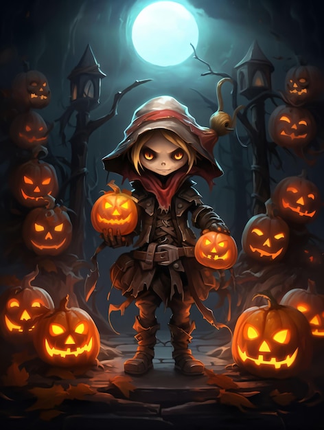 Halloween Themed Concept Art Little Witch and Pumpkin