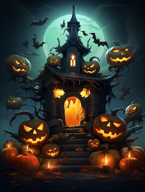 Halloween themed concept art moonlight broken haunted house and pumpkins