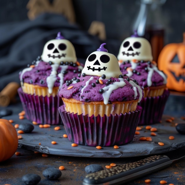 Photo halloween themed cupcakes with skeleton toppers and purple frosting for festive desserts