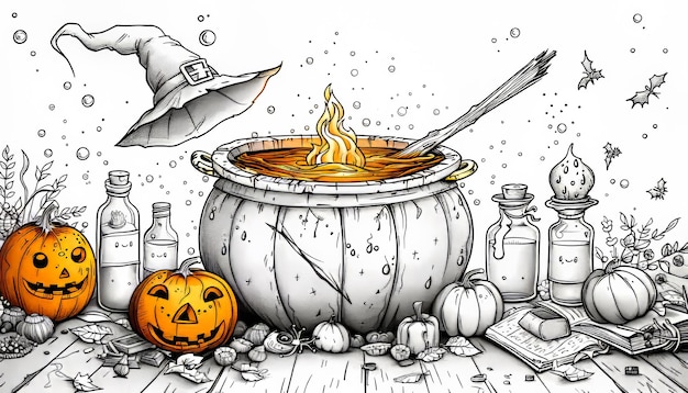 Photo a halloween themed drawing of a witch stirring a cauldron with a pumpkin and pumpkin lanterns the scene is set on a wooden table with a bowl of soup and a spoon