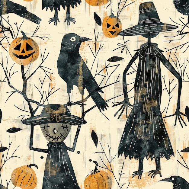 A Halloween themed painting of a crow a pumpkin and a scarecrow