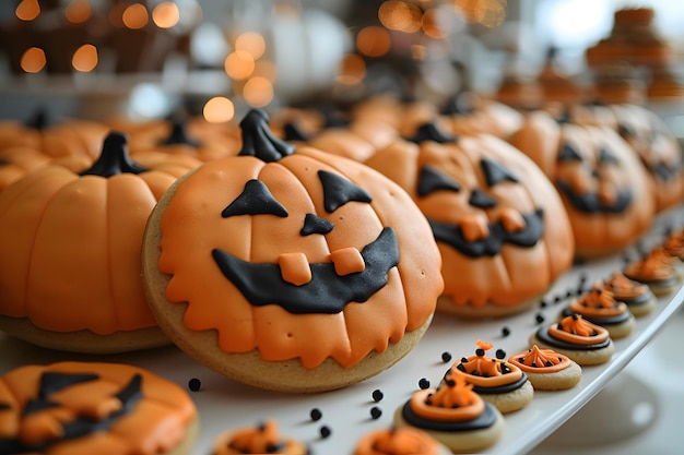 Halloween Themed Pumpkin Shaped Cookies with Festive Decorations Perfect for Holiday Celebrations Cards Posters and Culinary Blogs