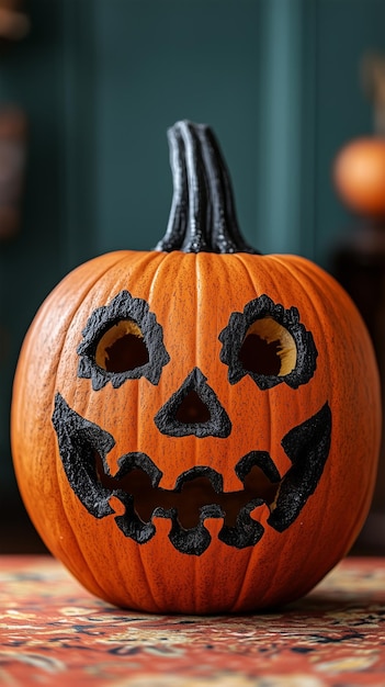 Photo halloween themed pumpkin with scary smiley face