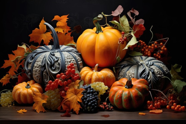 Halloween themed pumpkins and leaves