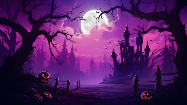 Halloween themed purple background with bats trees tombstones and castle