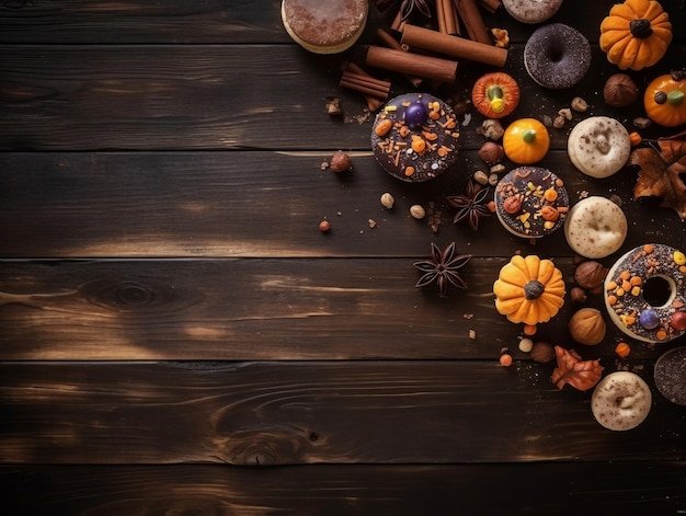 Halloween treats on dark wooden background flat lay top view