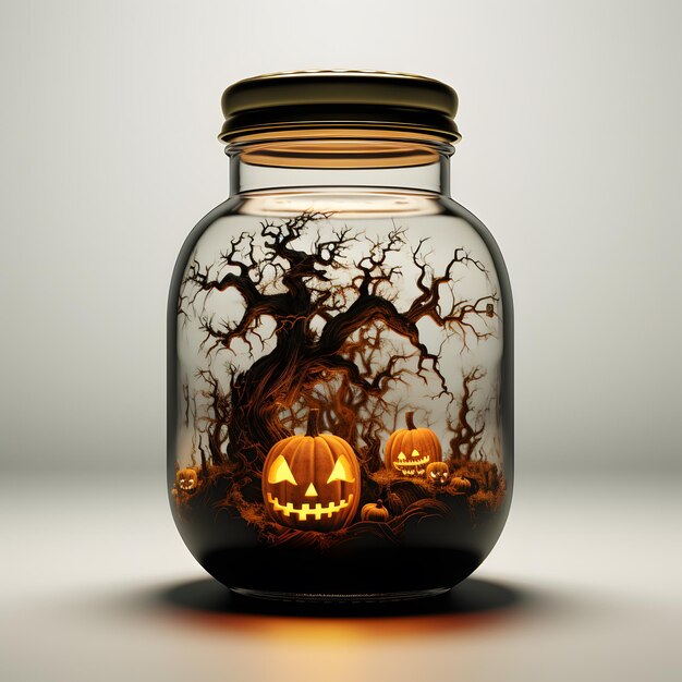 Halloween tree house in a glass jar on a white background