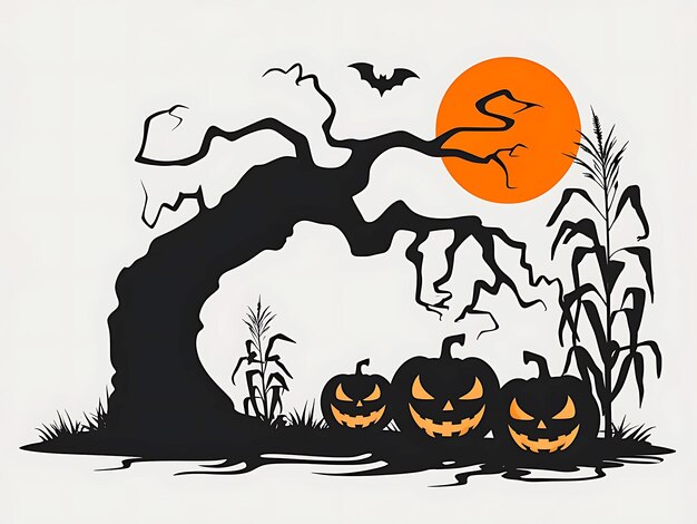 Photo halloween tree silhouette with pumpkins and bats on the background of a full moon