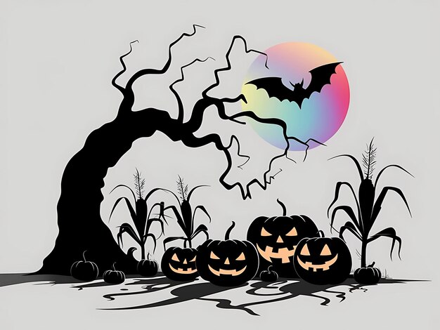 Photo halloween tree silhouette with pumpkins and bats on the background of a full moon